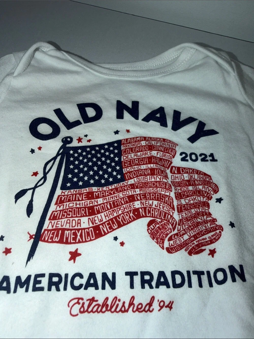 Old Navy White Baby One-Piece with Red and Navy Flag Graphic
